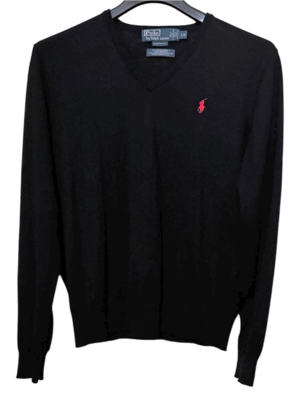 Polo by Ralph Lauren Vintage Black & Red Custom Fit Merino Wool V-Neck Sweater L